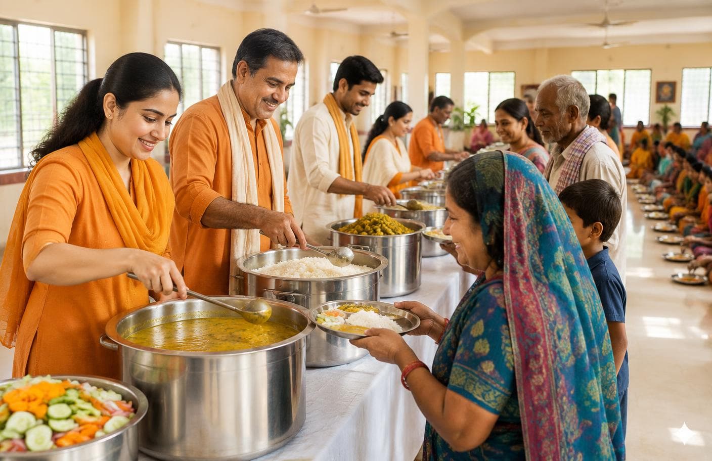 Trust volunteers serving meals to families in a community hall